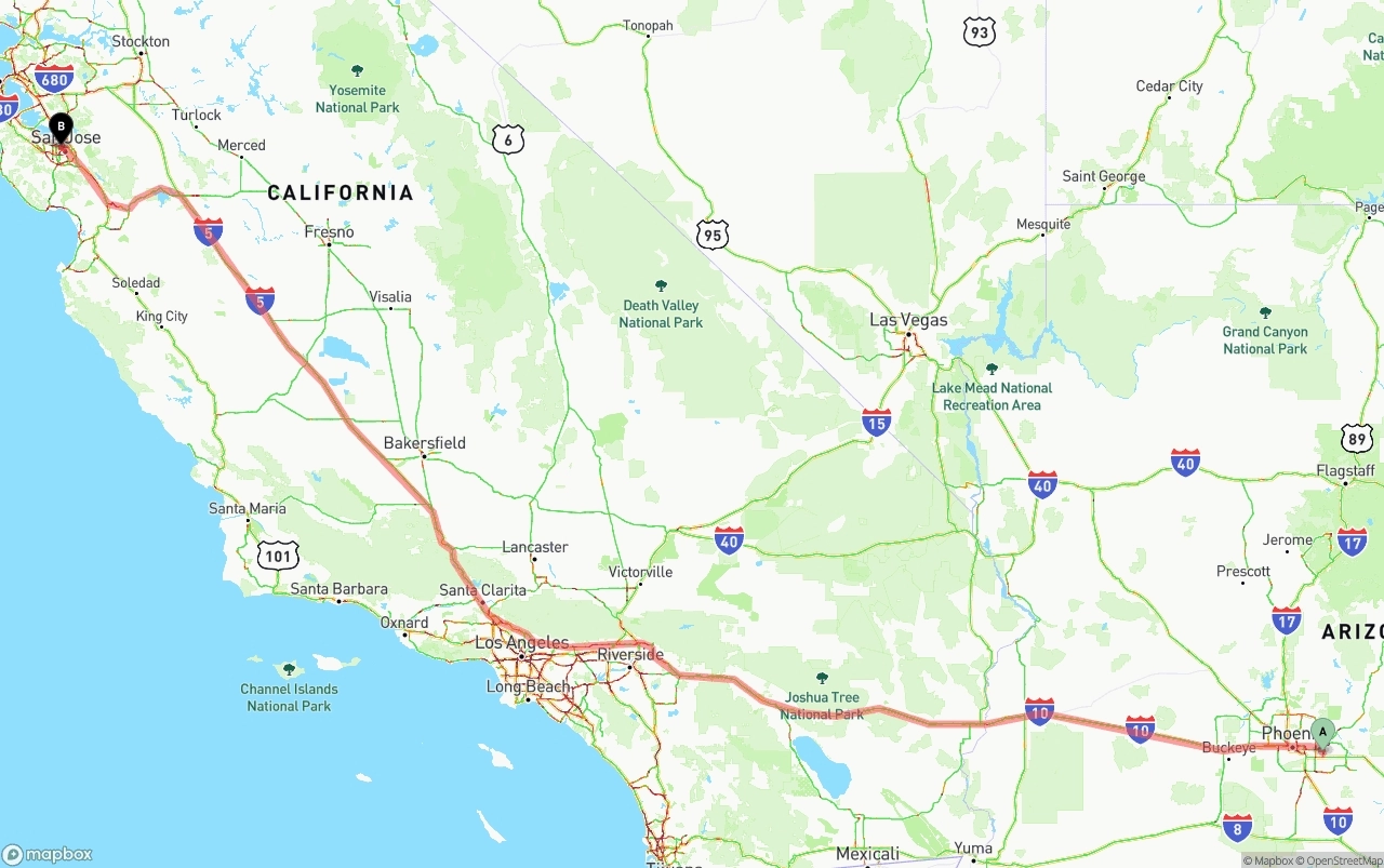 Shipping route from Mesa to Norman Y. Mineta San Jose International Airport