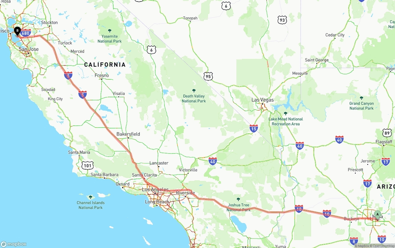 Shipping route from Mesa to Oakland International Airport