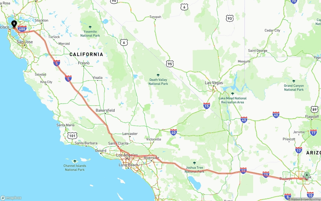 Shipping route from Mesa to Oakland