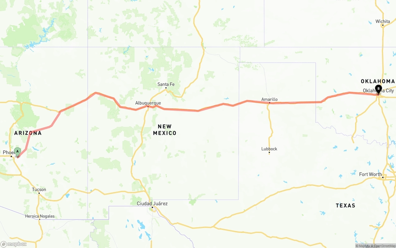 Shipping route from Mesa to Oklahoma City