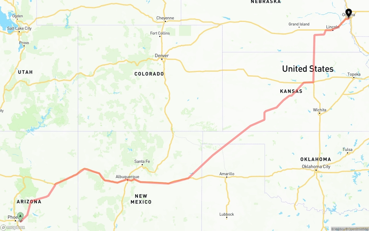 Shipping route from Mesa to Omaha