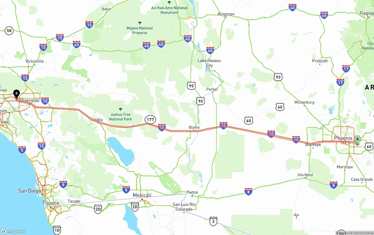 Shipping route from Mesa to Ontario International Airport