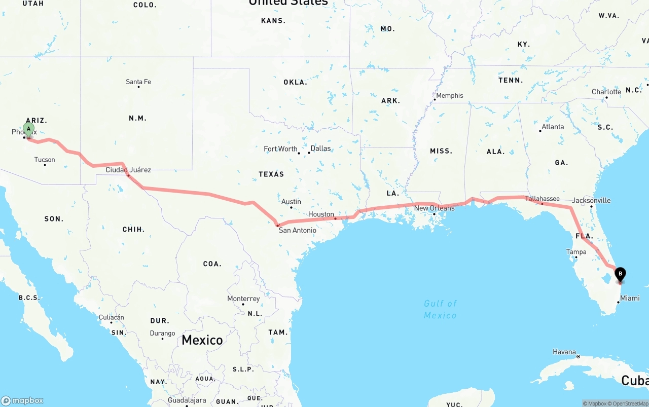 Shipping route from Mesa to Palm Beach International Airport