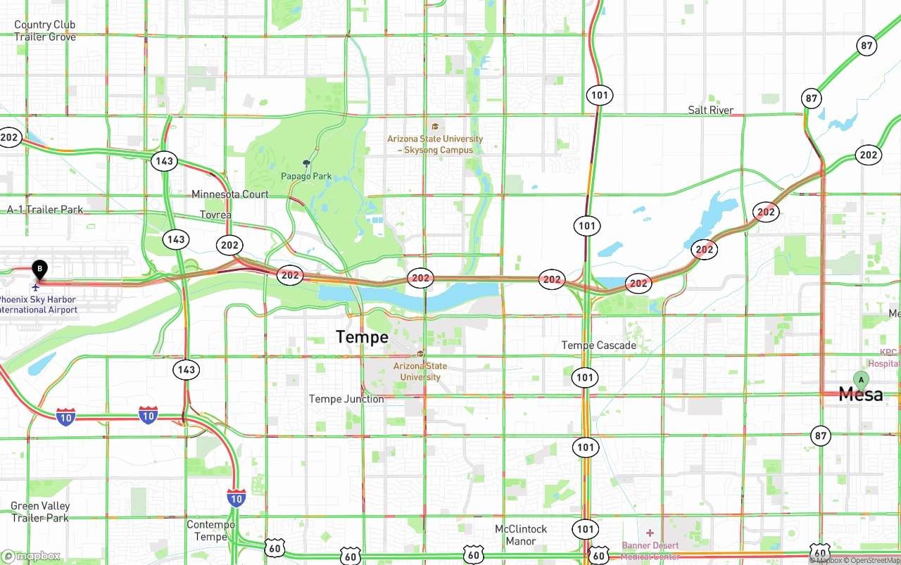 Shipping route from Mesa to Phoenix Sky Harbor International Airport