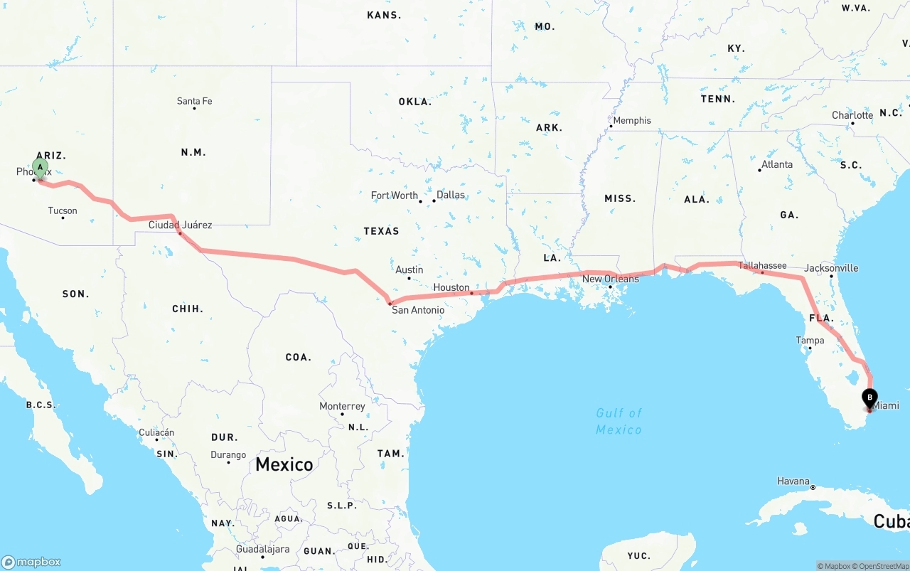 Shipping route from Mesa to Port of Miami