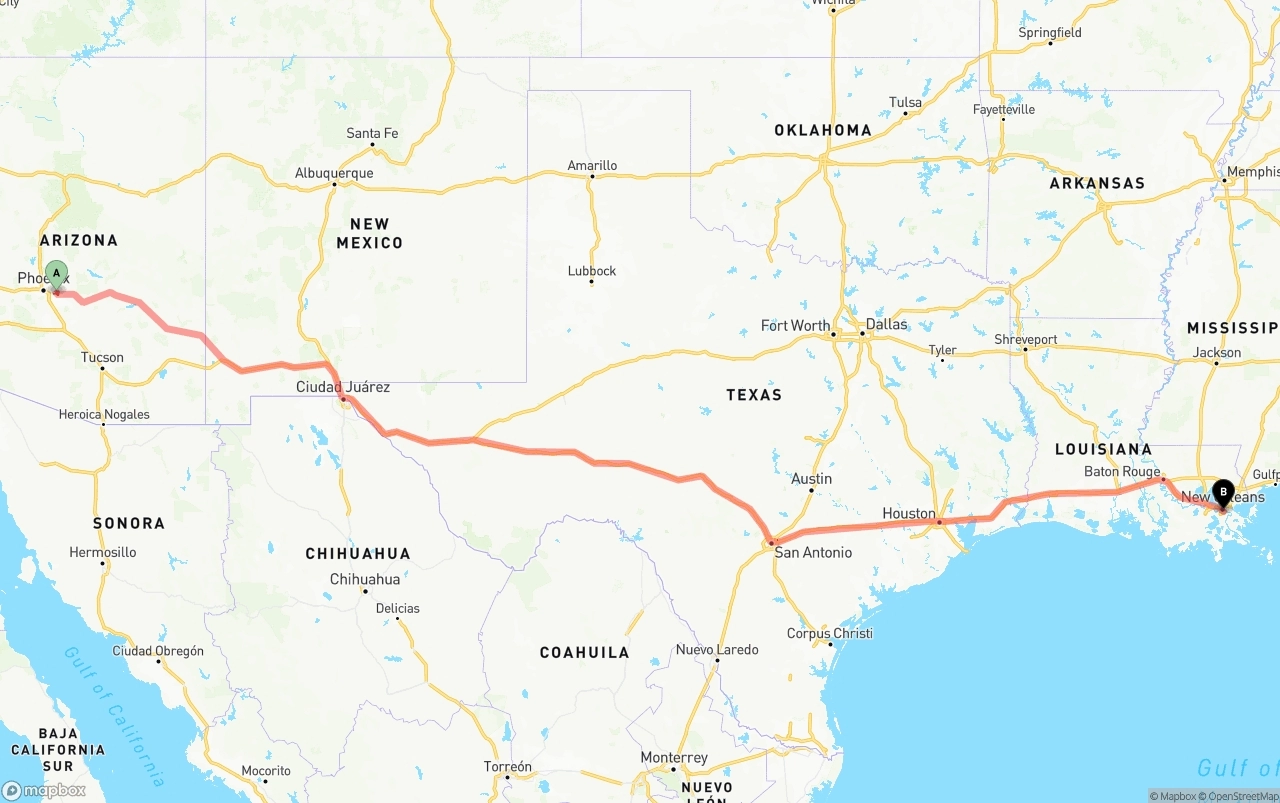 Shipping route from Mesa to Port of New Orleans