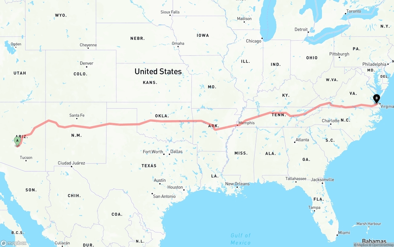 Shipping route from Mesa to Port of Norfolk