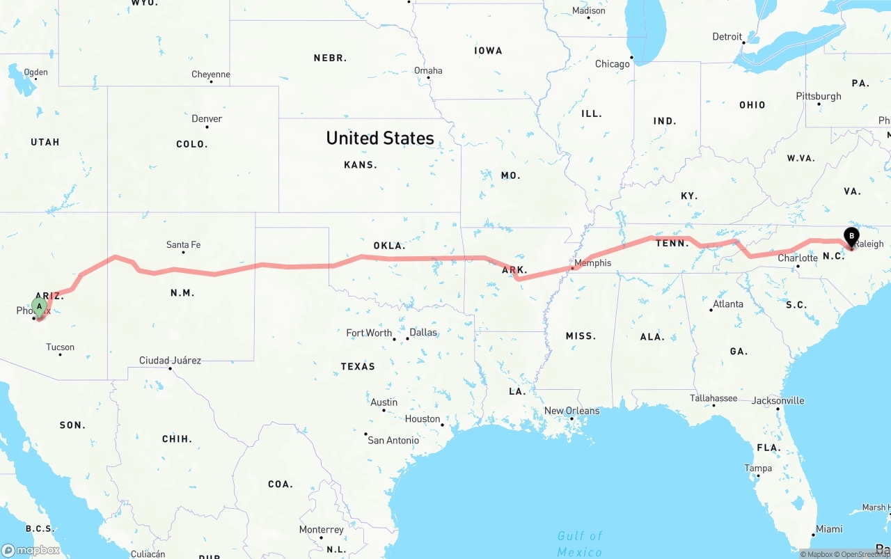 Shipping route from Mesa to Raleigh