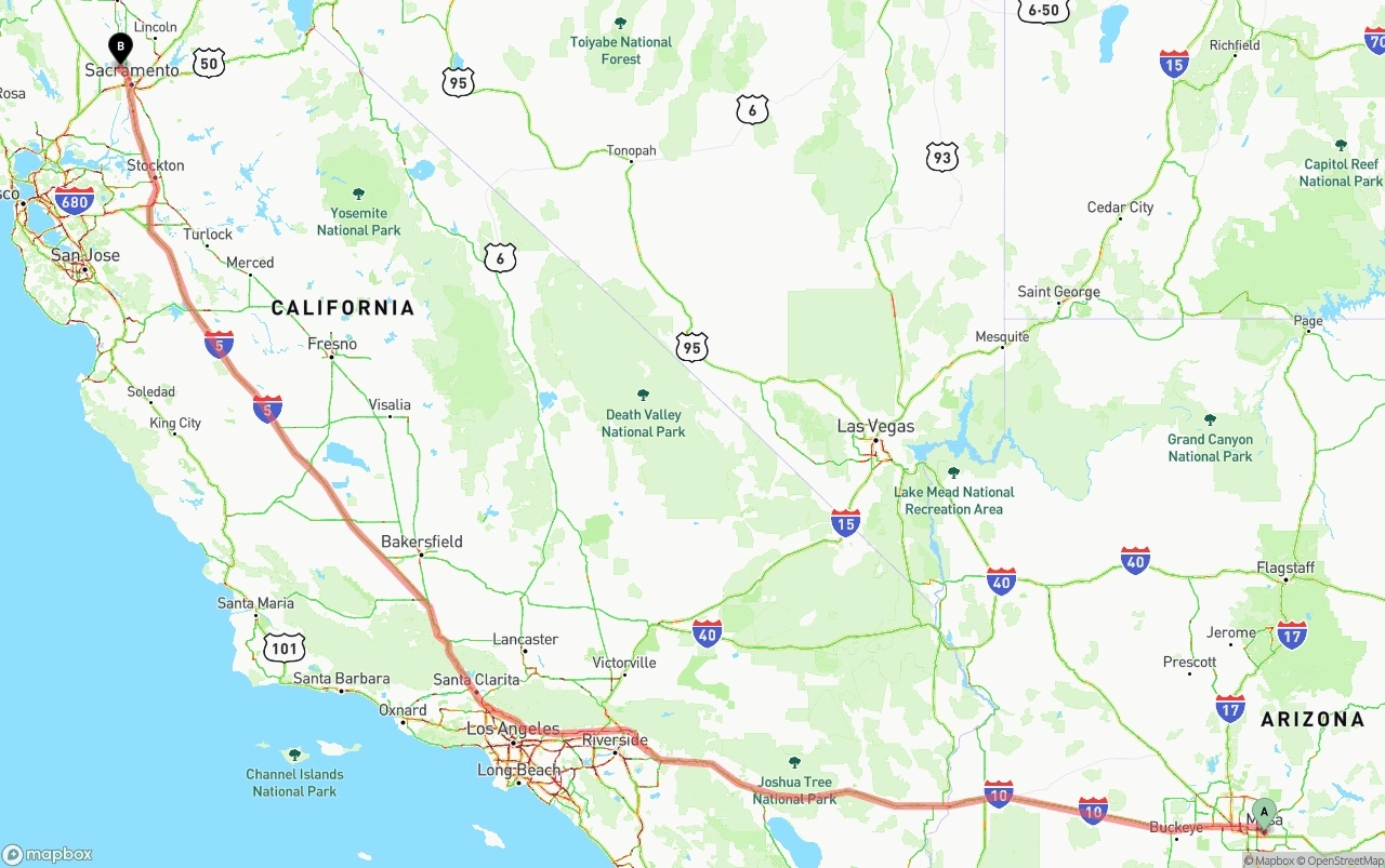Shipping route from Mesa to Sacramento International Airport