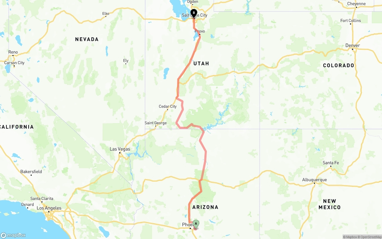 Shipping route from Mesa to Salt Lake City
