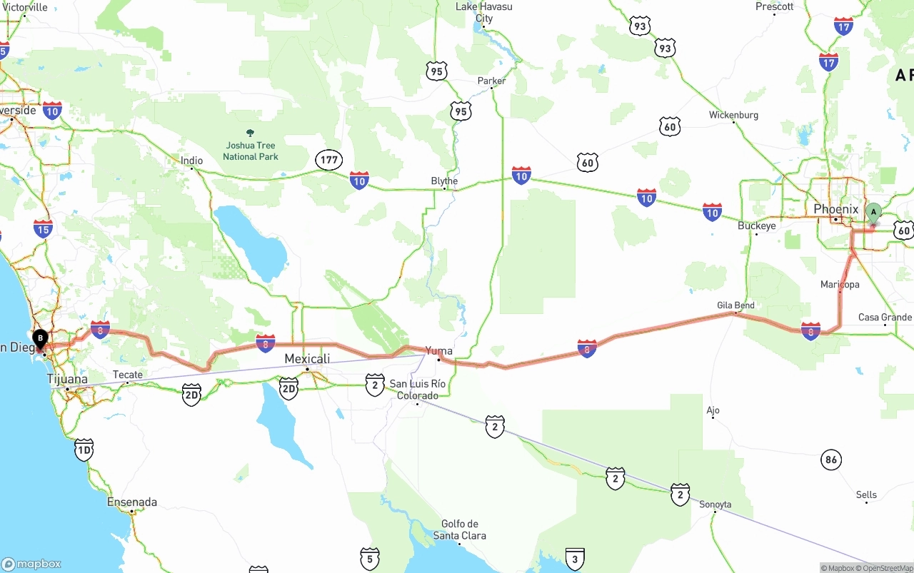 Shipping route from Mesa to San Diego International Airport