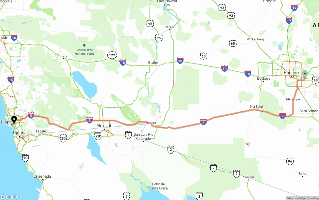 Shipping route from Mesa to San Diego