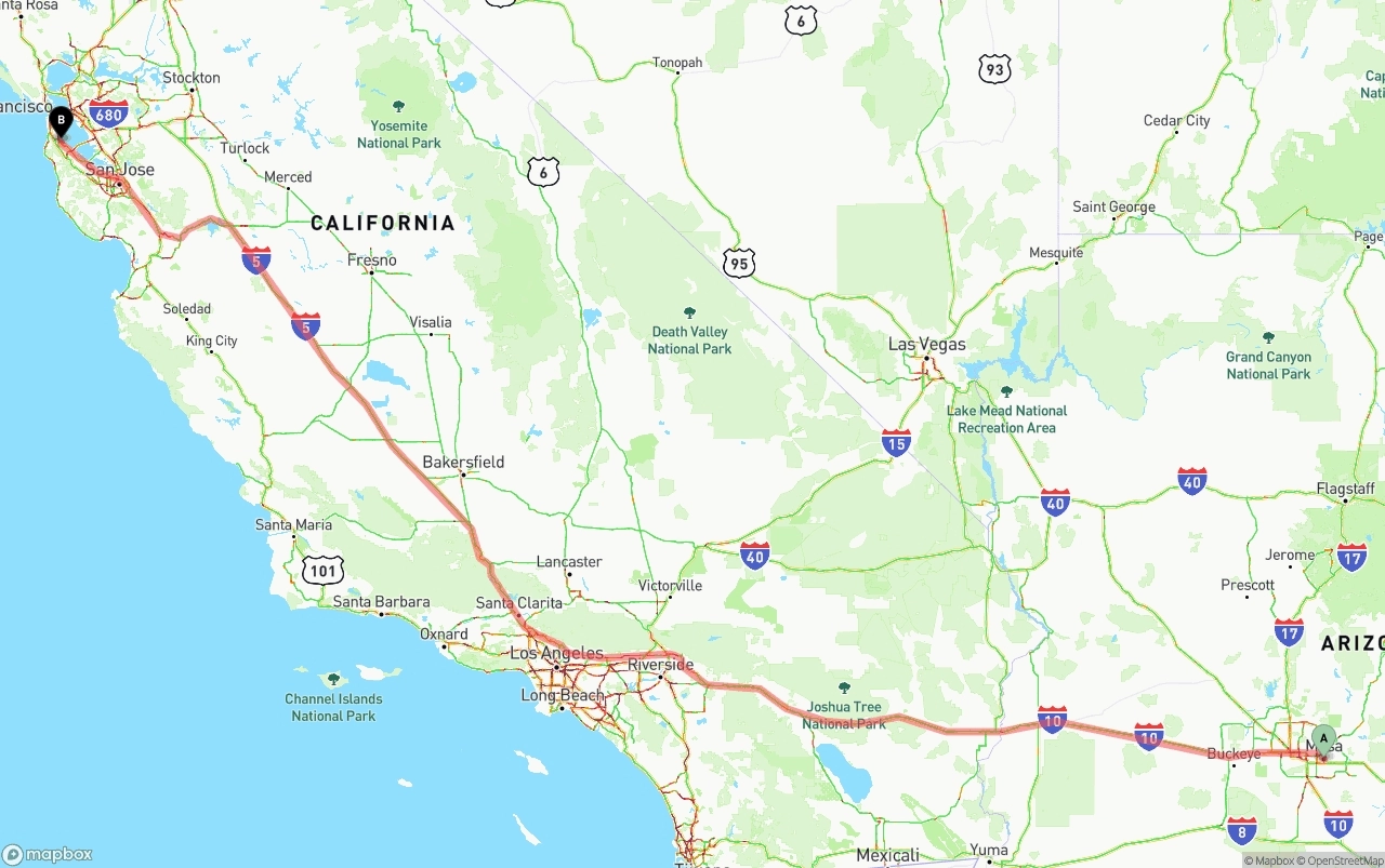 Shipping route from Mesa to San Francisco International Airport