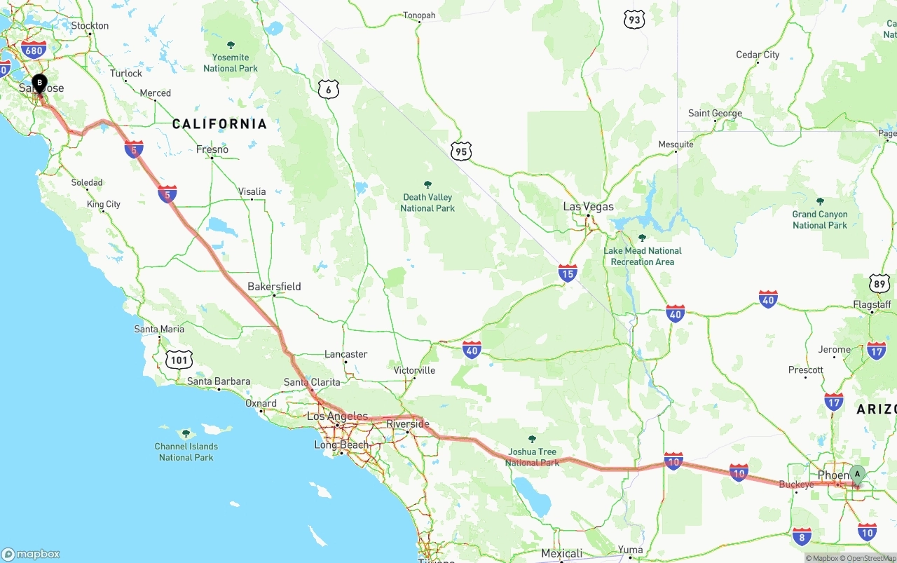 Shipping route from Mesa to San Jose