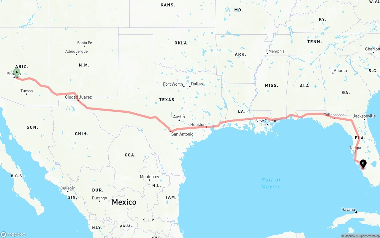 Shipping route from Mesa to Southwest Florida International Airport
