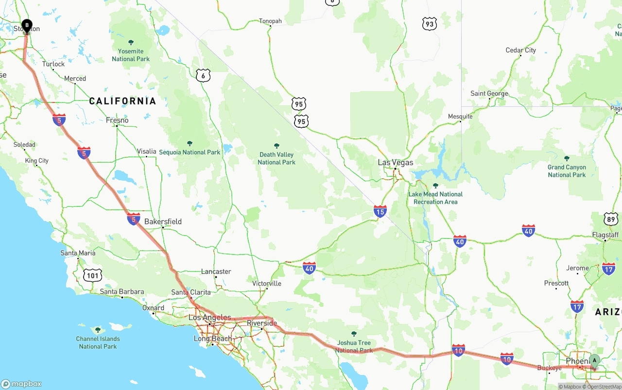 Shipping route from Mesa to Stockton