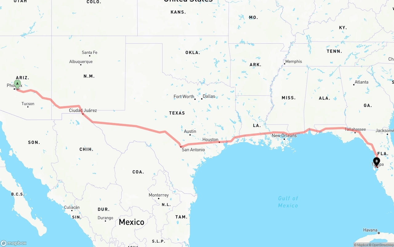 Shipping route from Mesa to Tampa International Airport