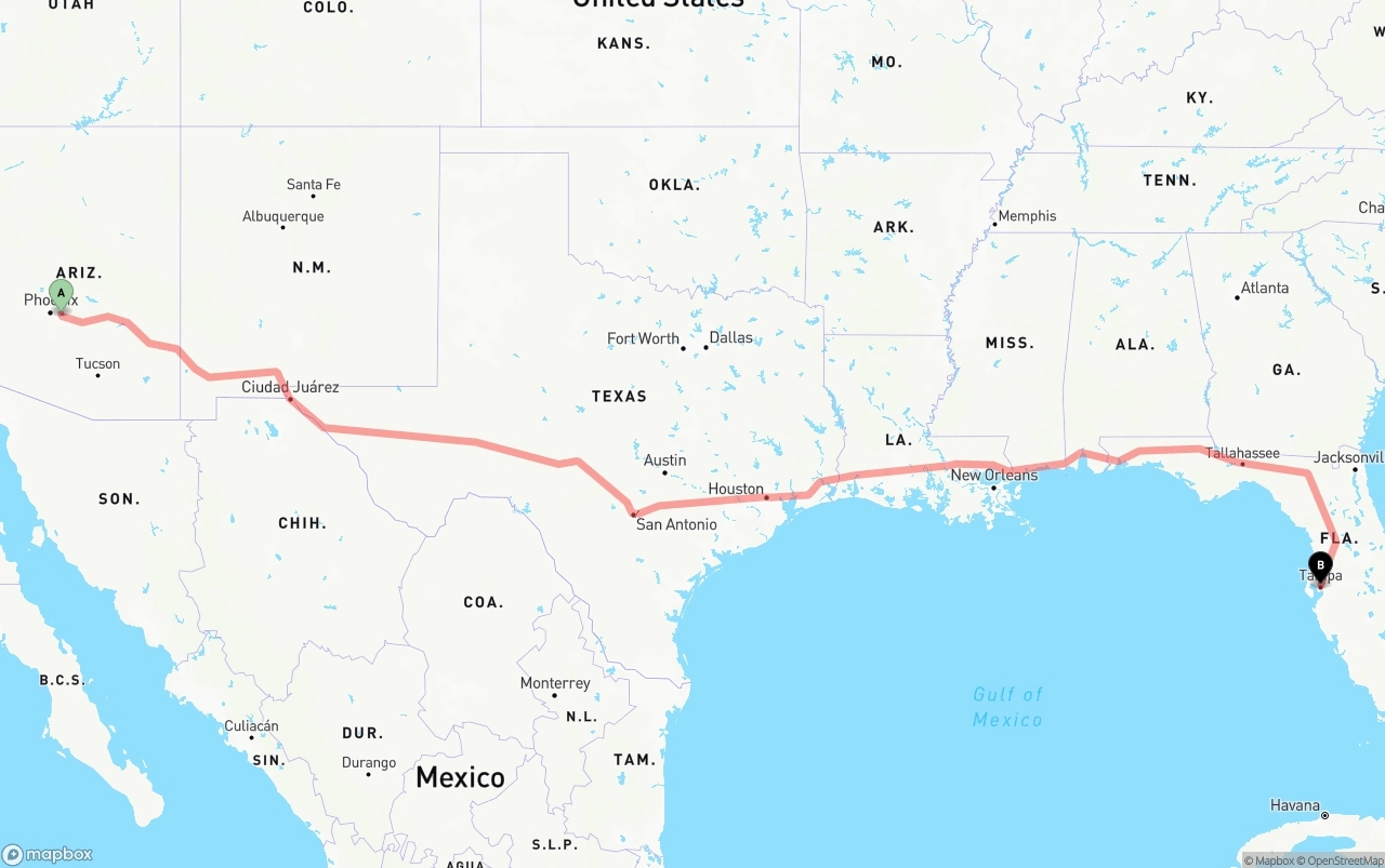 Shipping route from Mesa to Tampa