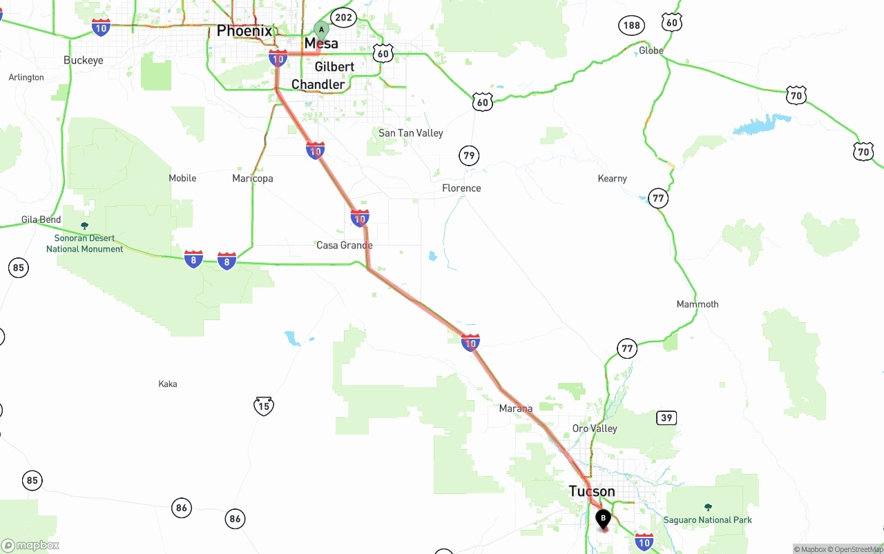 Shipping route from Mesa to Tucson International Airport