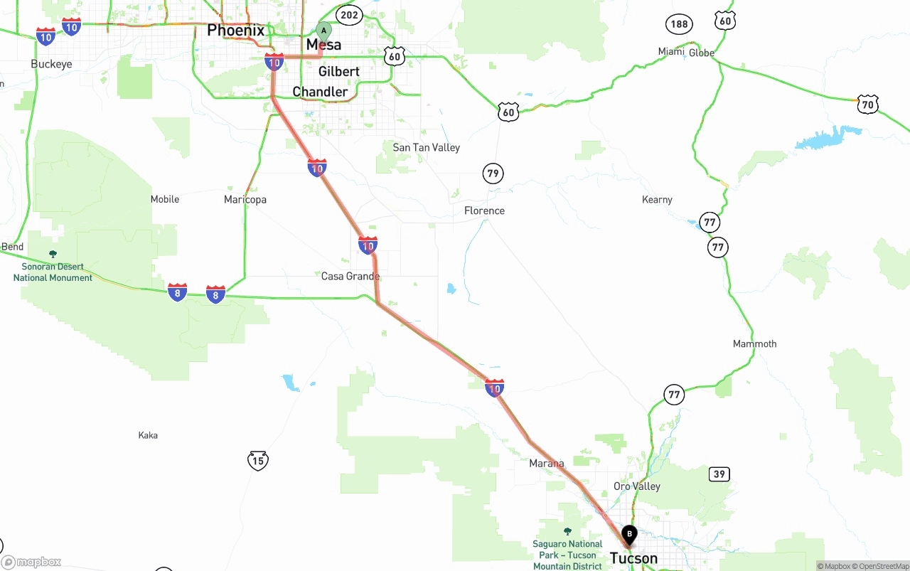 Shipping route from Mesa to Tucson