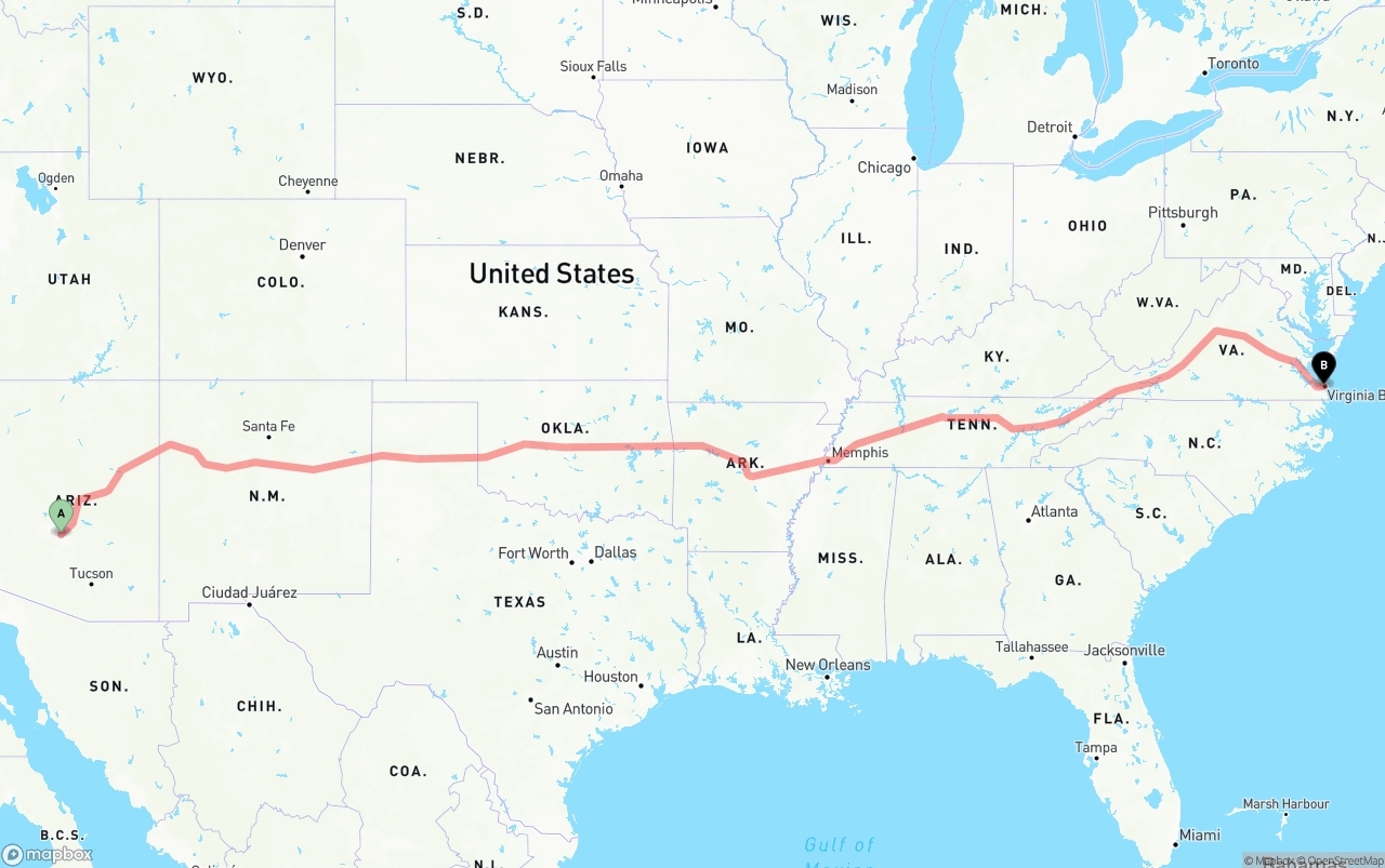 Shipping route from Mesa to Virginia Beach