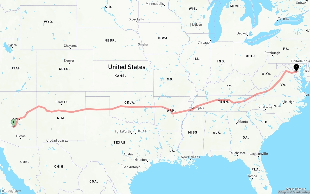 Shipping route from Mesa to Washington D.C.