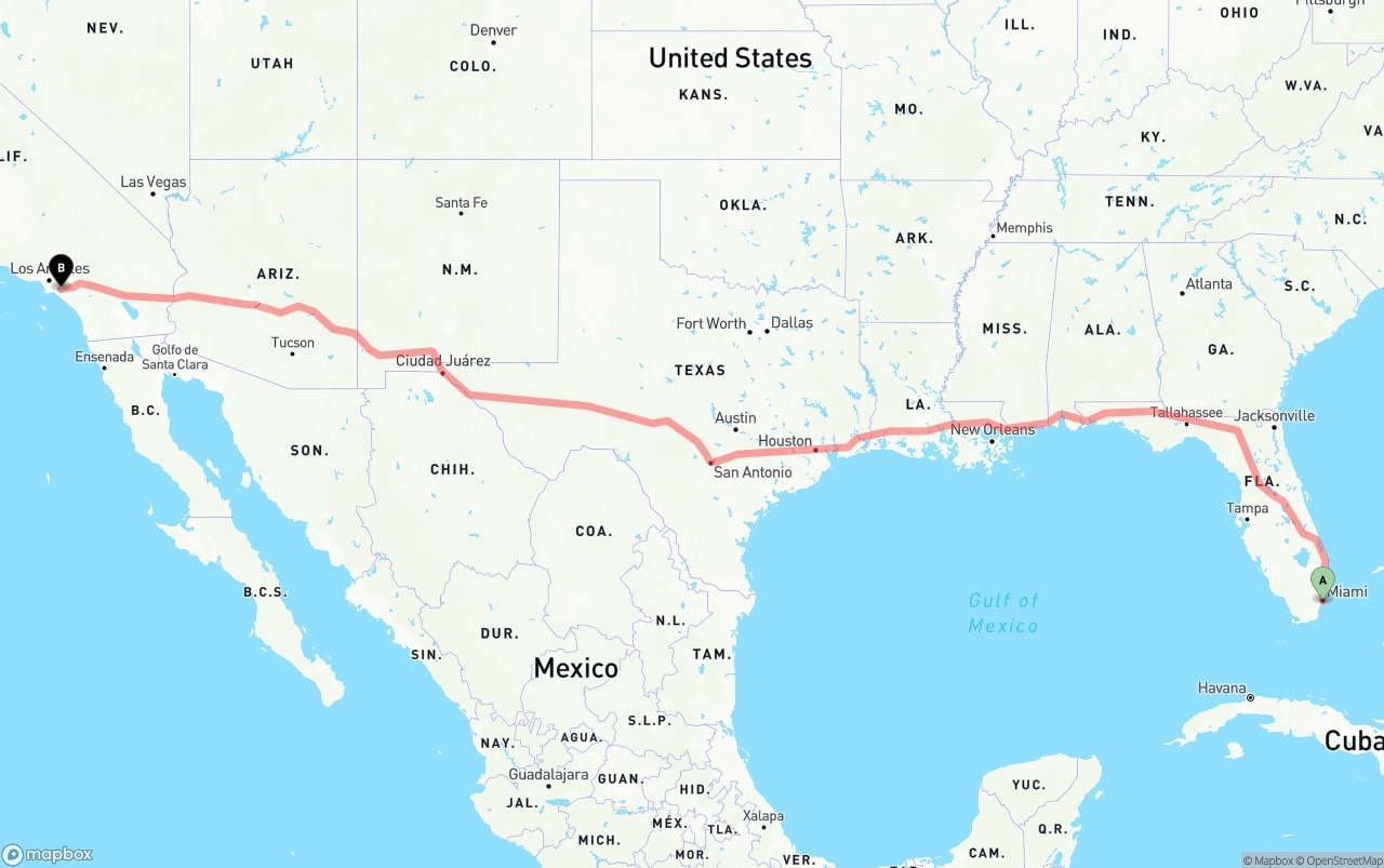 Shipping route from Miami to Anaheim