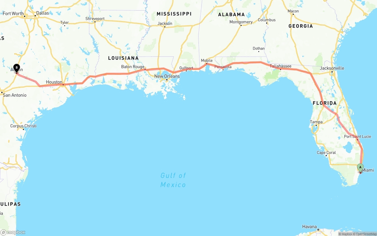 Shipping route from Miami to Austin