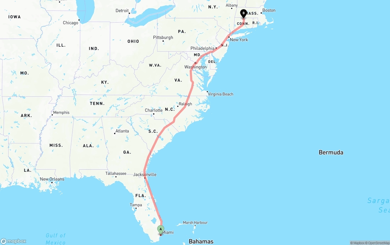 Shipping route from Miami to Bradley International Airport