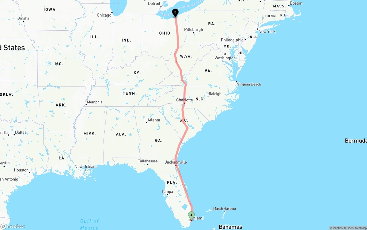 Shipping route from Miami to Cleveland