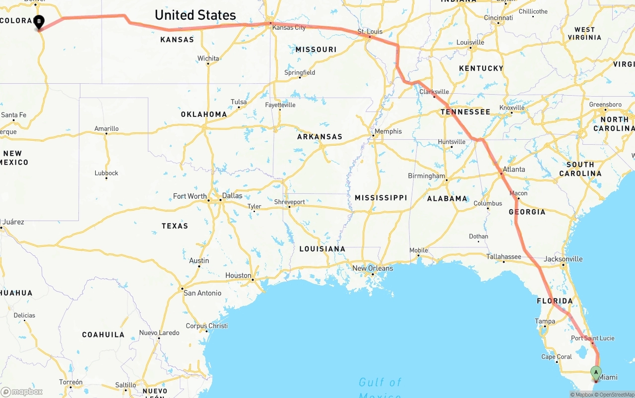 Shipping route from Miami to Colorado Springs