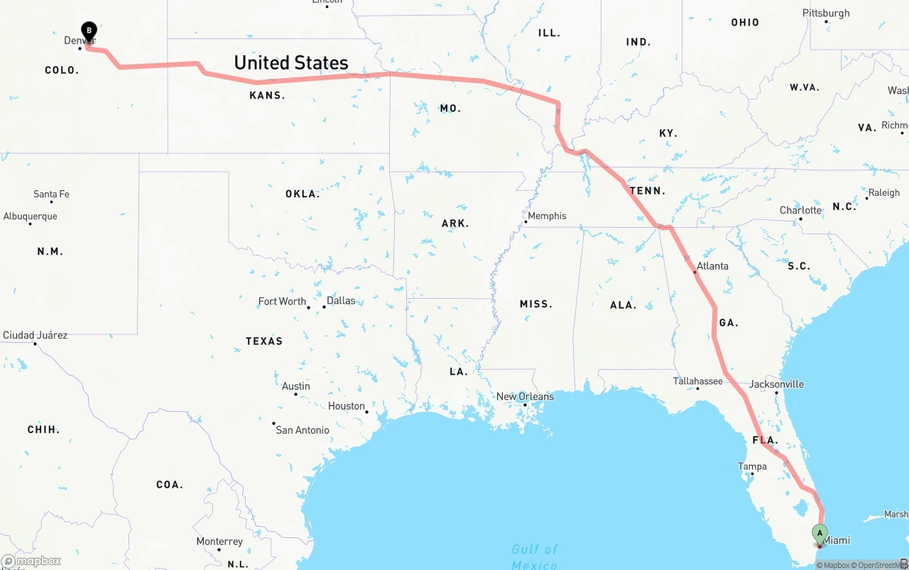 Shipping route from Miami to Denver International Airport