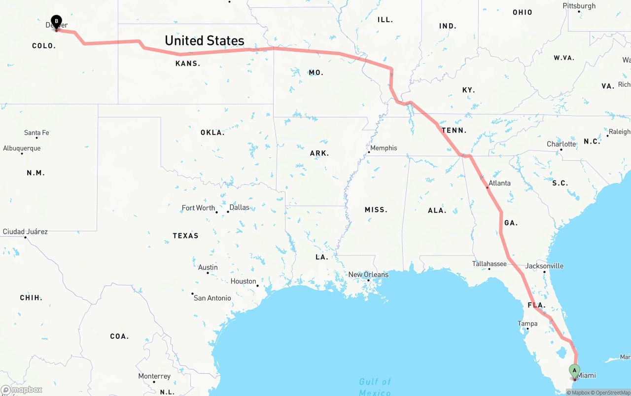 Shipping route from Miami to Denver