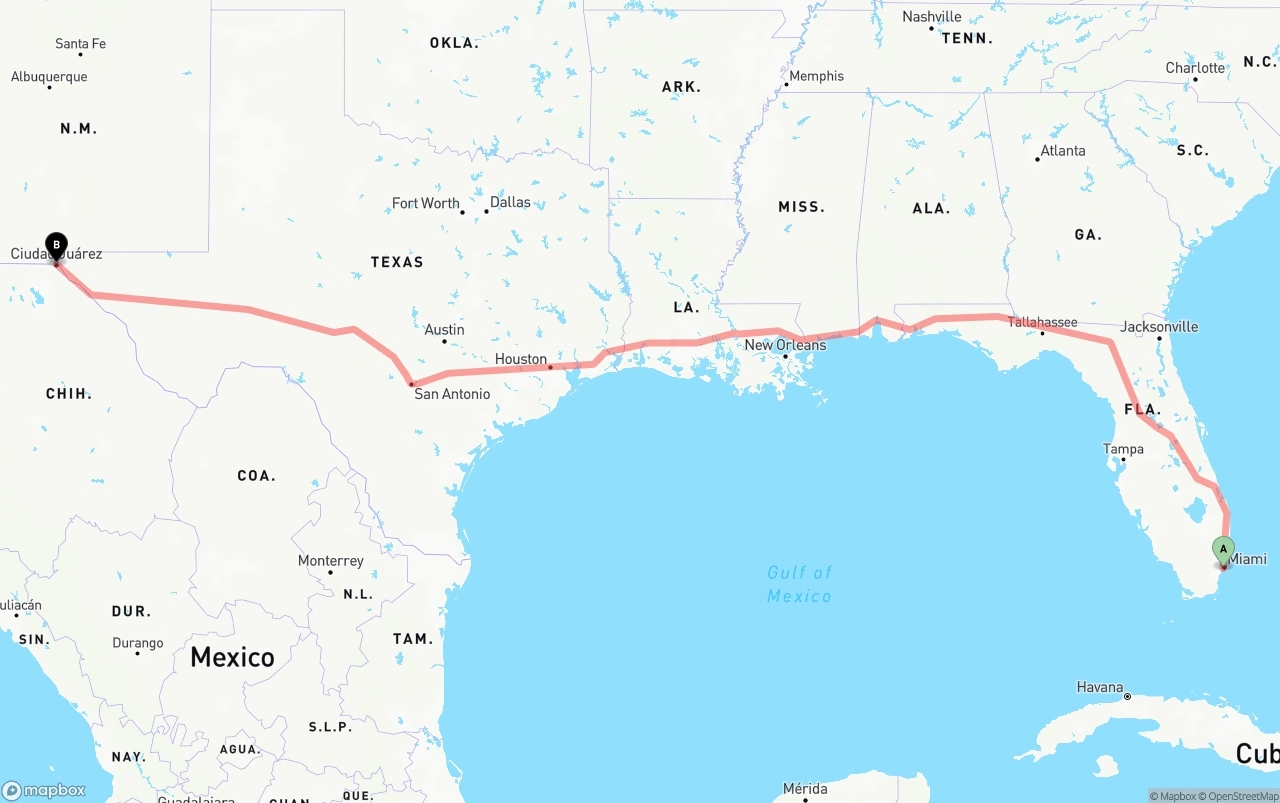 Shipping route from Miami to El Paso