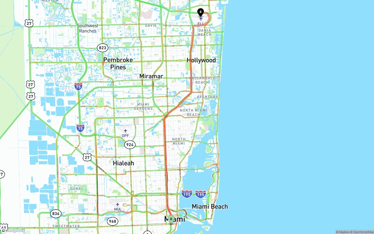 Shipping route from Miami to Fort Lauderdale-Hollywood International Airport
