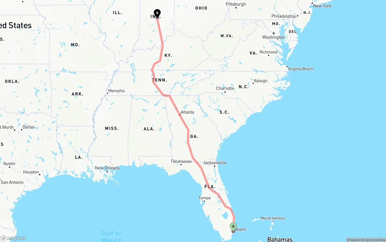 Shipping route from Miami to Indianapolis