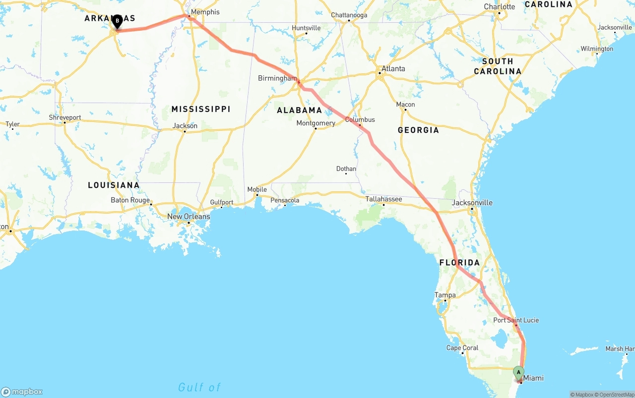 Shipping route from Miami International Airport to Arkansas