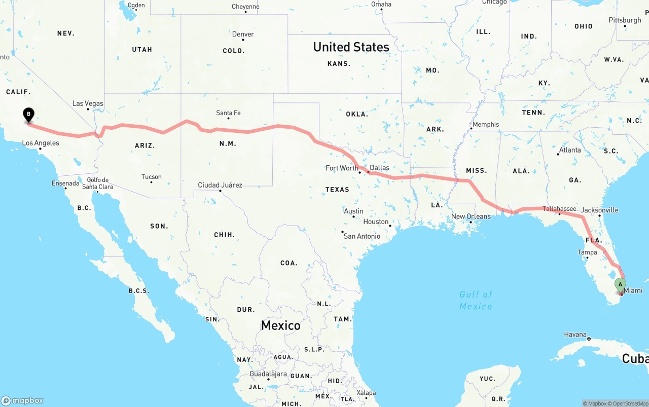 Shipping route from Miami International Airport to Bakersfield