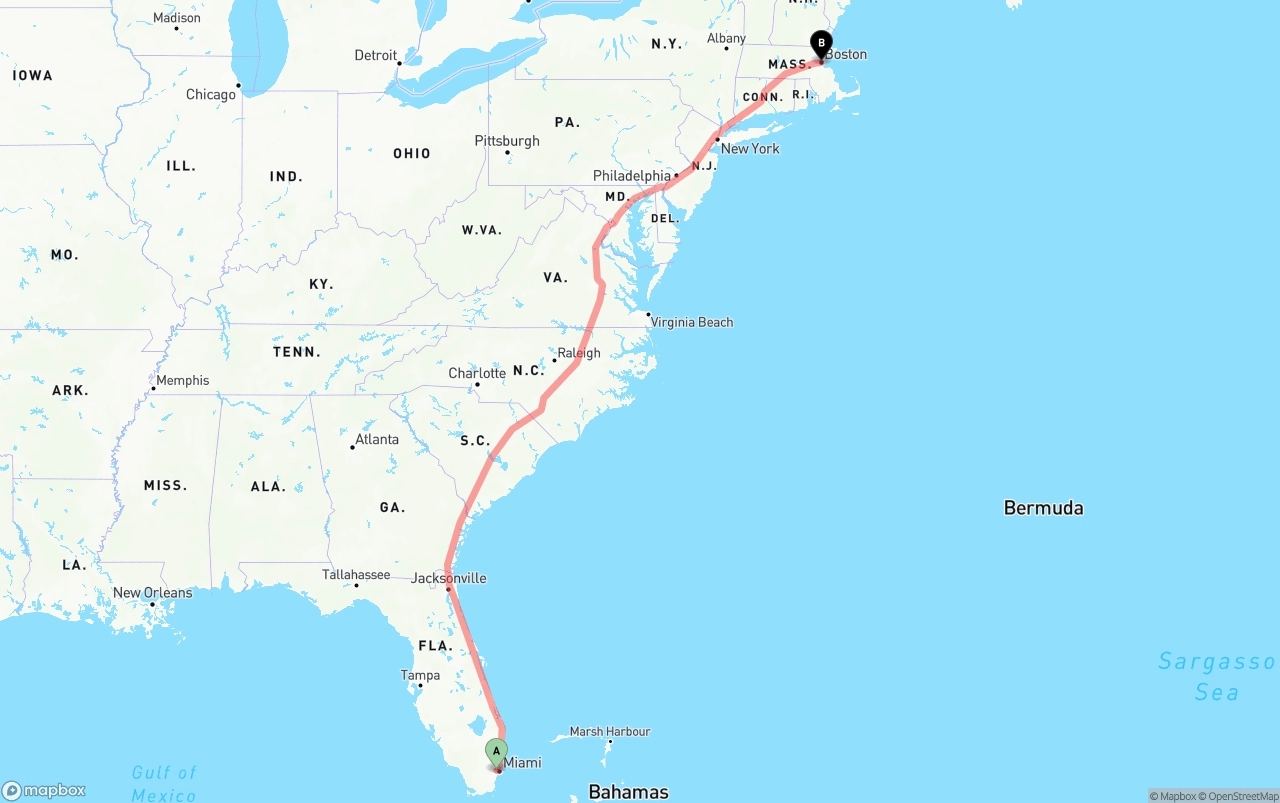 Shipping route from Miami International Airport to Boston