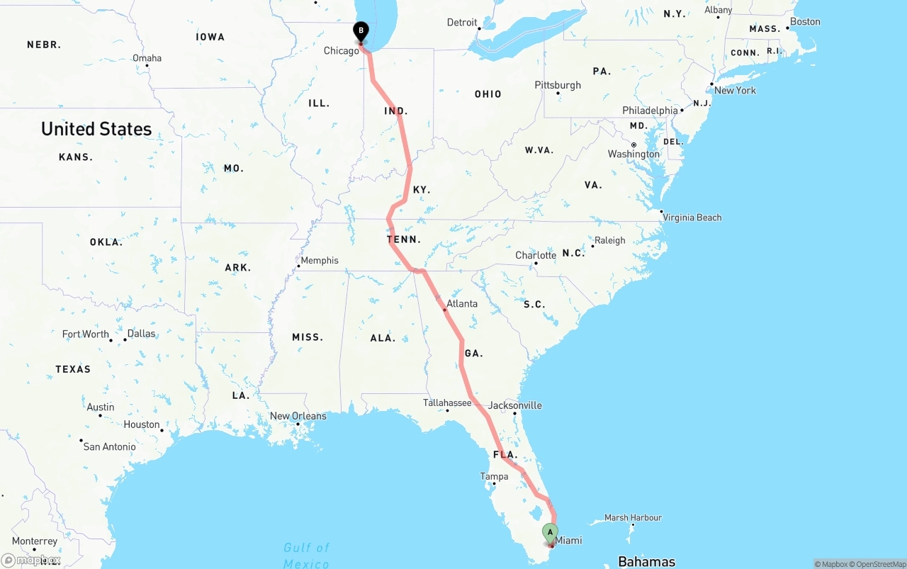 Shipping route from Miami International Airport to Chicago