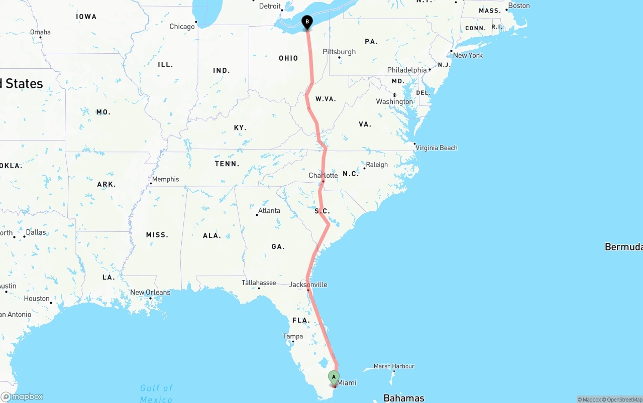 Shipping route from Miami International Airport to Cleveland