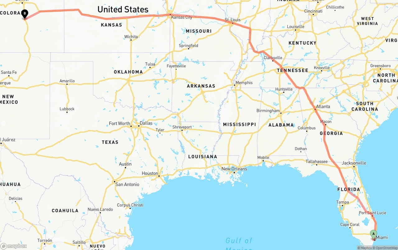 Shipping route from Miami International Airport to Colorado Springs