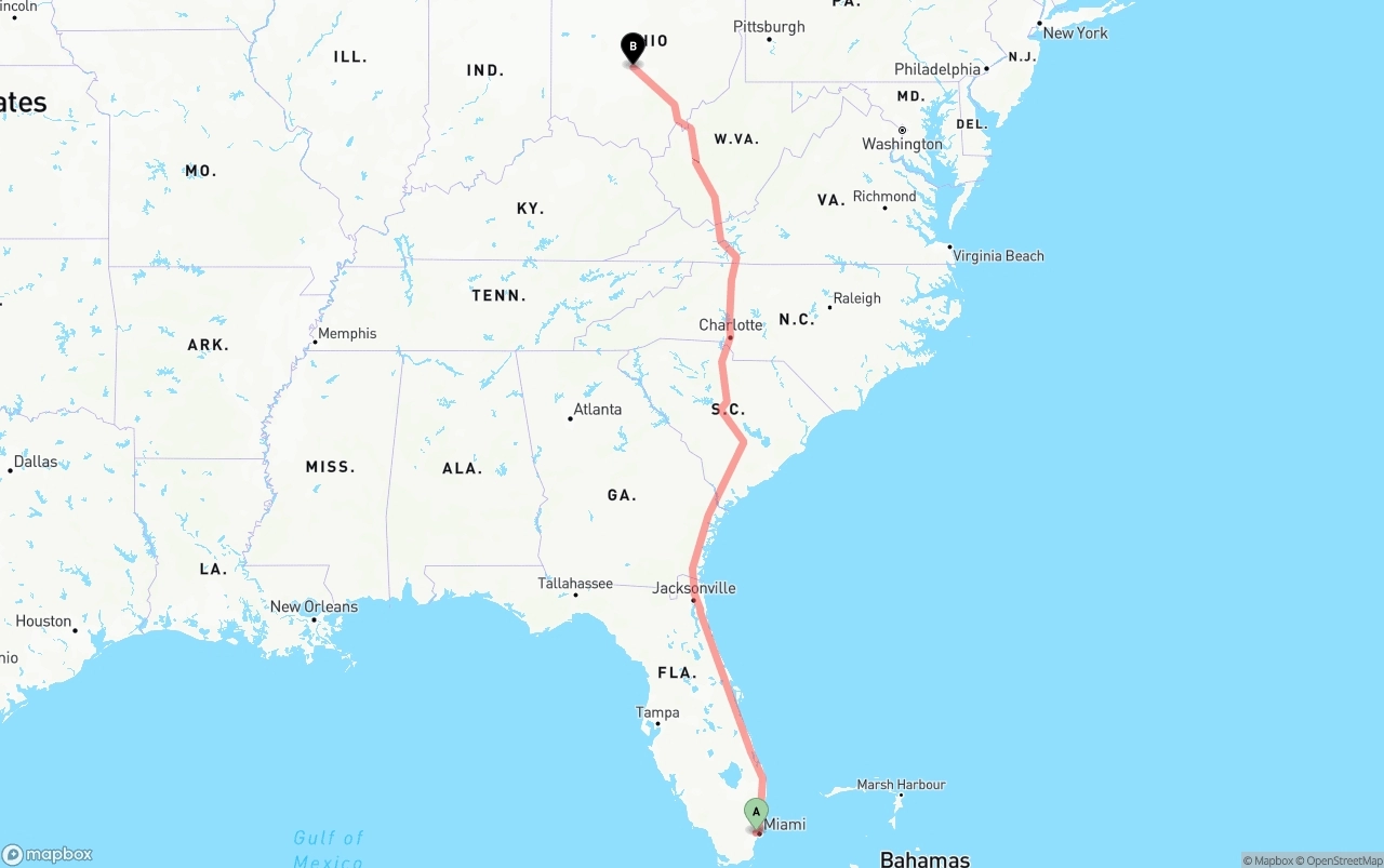 Shipping route from Miami International Airport to Columbus