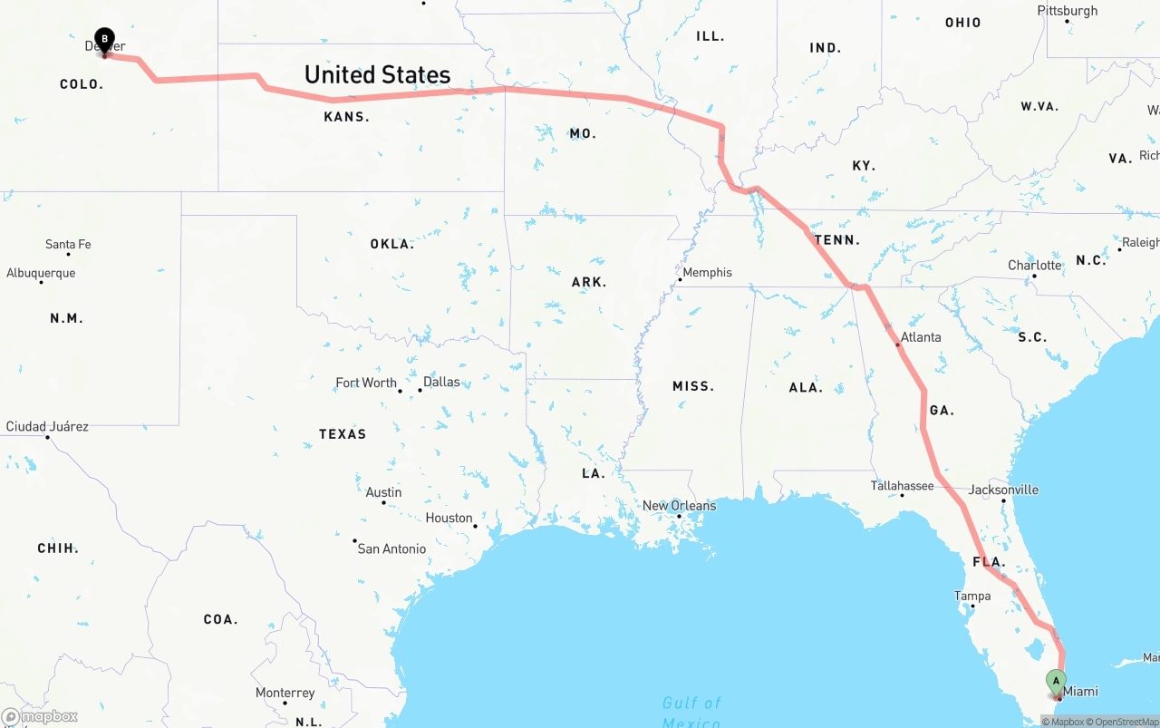 Shipping route from Miami International Airport to Denver
