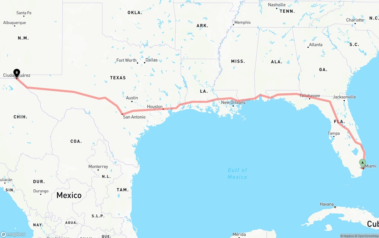 Shipping route from Miami International Airport to El Paso
