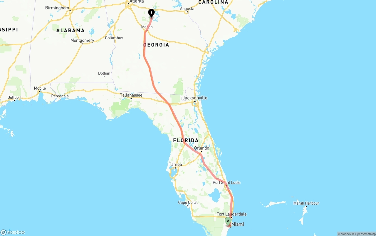 Shipping route from Miami International Airport to Georgia