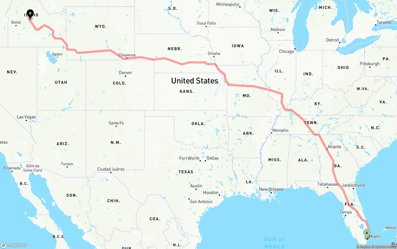 Shipping route from Miami International Airport to Idaho