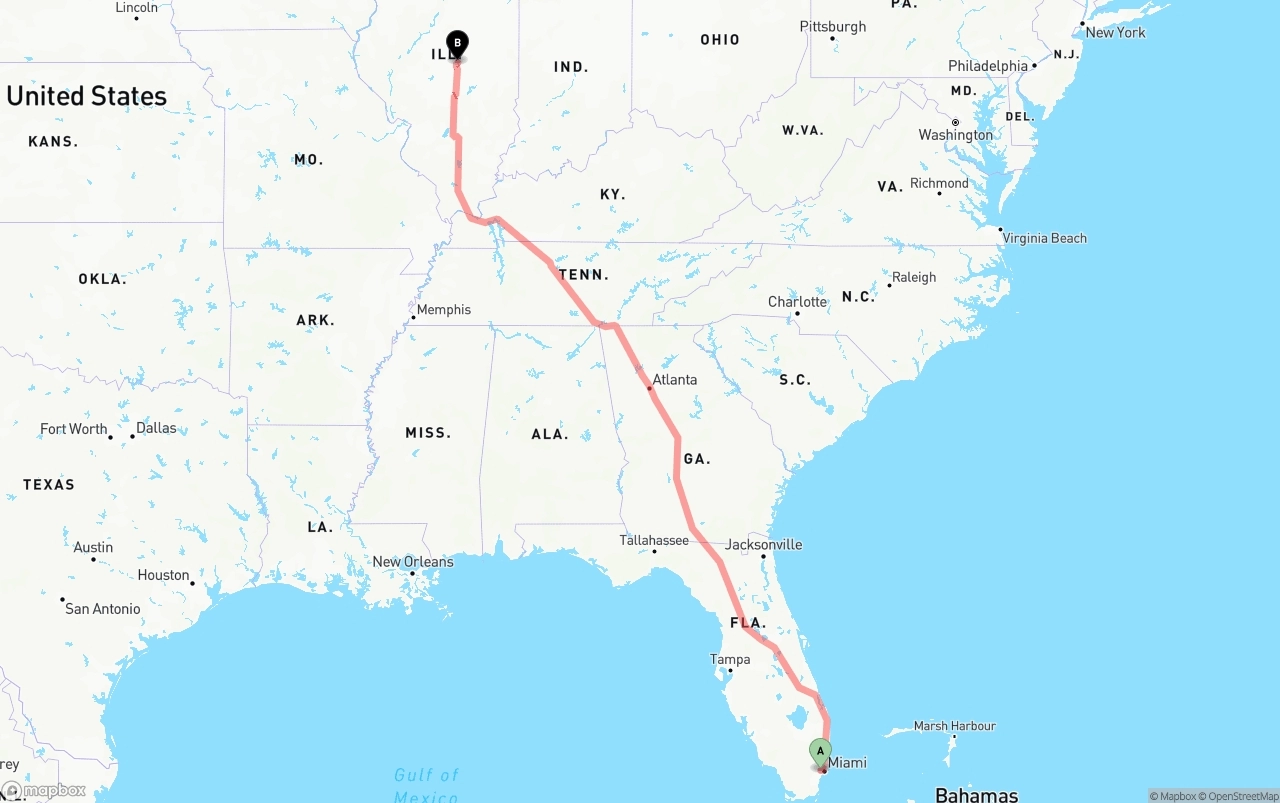 Shipping route from Miami International Airport to Illinois
