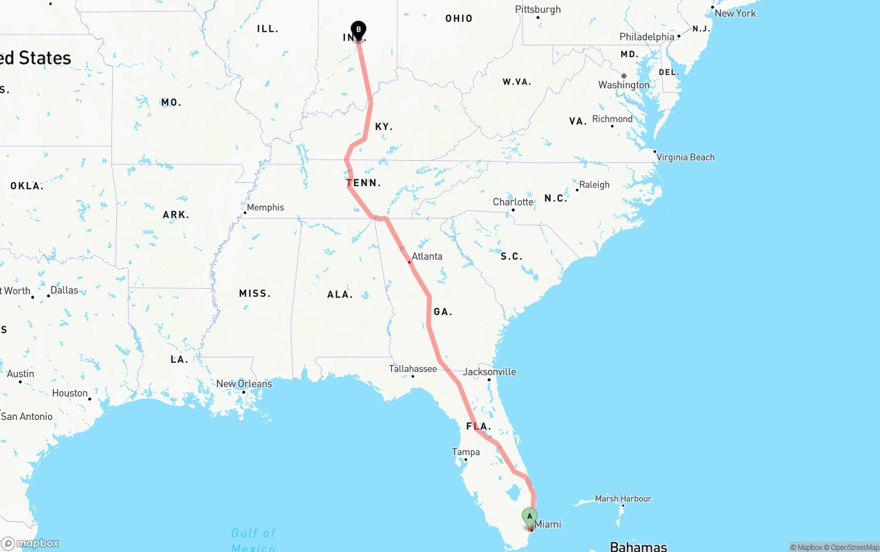 Shipping route from Miami International Airport to Indianapolis