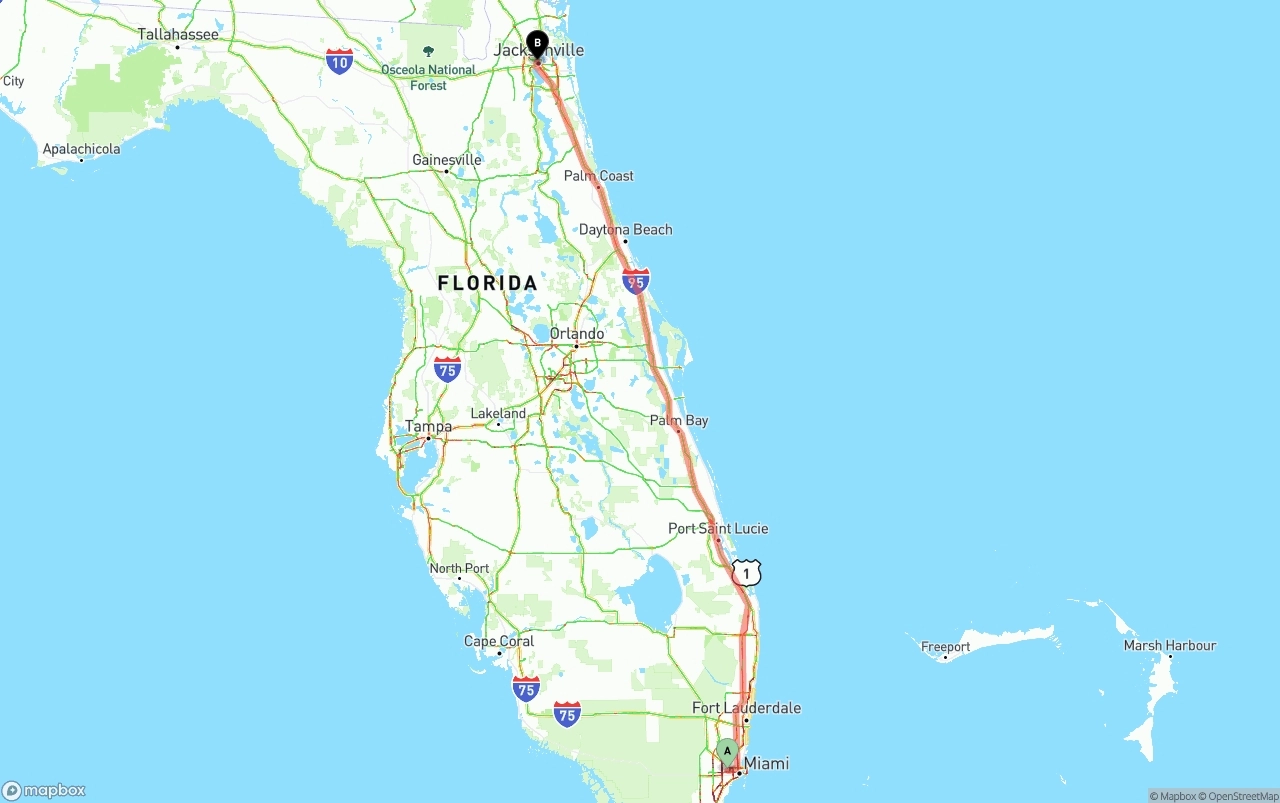 Shipping route from Miami International Airport to Jacksonville